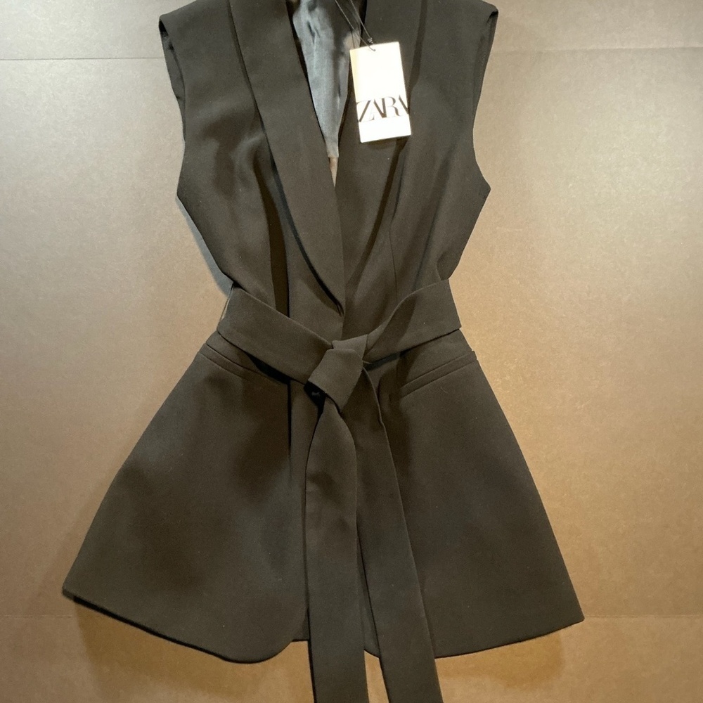 ZARA Sleeveless Belted Blazer Vest XS Black Tailored Longline Vest NWT 7848-187/ - Picture 4 of 11